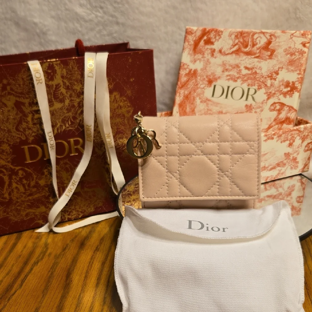 Lady Dior(Like New)Lotus Cannage Lambskin Blush Pink Bifold Wallet